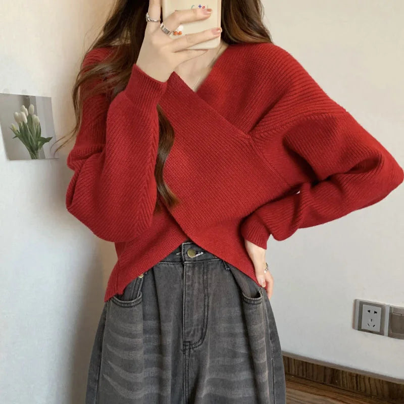 CITSLX Korean Fashion Cross Knitted Sweater Women Autumn Spring Solid V Neck Long Sleeve Pullovers Crop Tops Streetwear Elegant Jumper