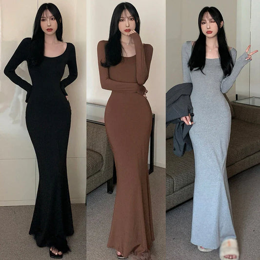 CITSLX Korean Version Fishtail Dress Solid Color Square Neck Slimming Sexy Fishtail Wrap Buttocks Dress