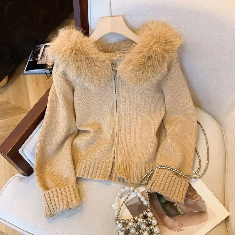 CITSLX Korean double zipper fur collar stitching design sense hooded knit cardigan women's new slim and slim top in autumn and winter