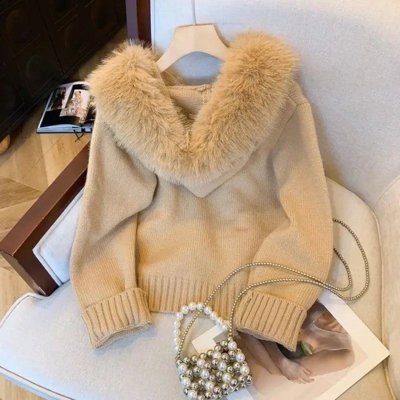 CITSLX Korean double zipper fur collar stitching design sense hooded knit cardigan women's new slim and slim top in autumn and winter