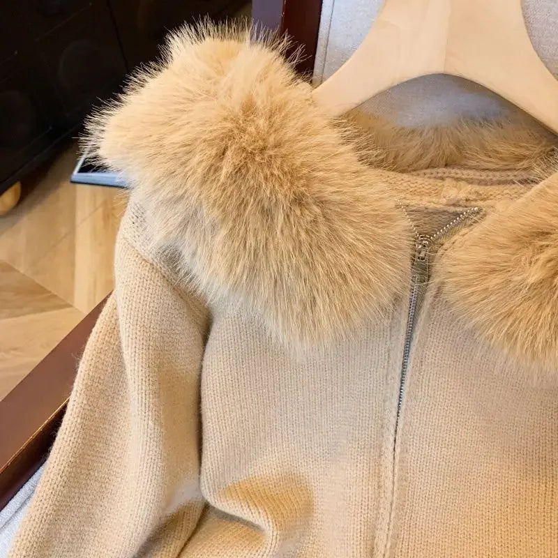 CITSLX Korean double zipper fur collar stitching design sense hooded knit cardigan women's new slim and slim top in autumn and winter