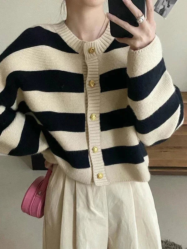 CITSLX Korean fashion sweater cardigan women knitted striped sweater autumn winter long sleeve loose short cardigans female casual tops