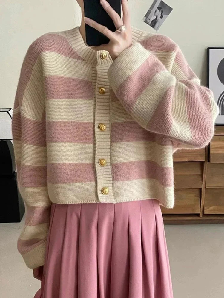 CITSLX Korean fashion sweater cardigan women knitted striped sweater autumn winter long sleeve loose short cardigans female casual tops