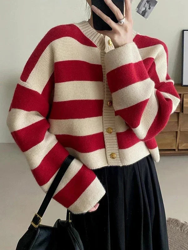 CITSLX Korean fashion sweater cardigan women knitted striped sweater autumn winter long sleeve loose short cardigans female casual tops