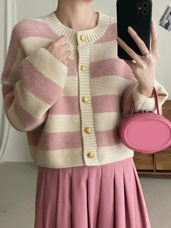 CITSLX Korean fashion sweater cardigan women knitted striped sweater autumn winter long sleeve loose short cardigans female casual tops