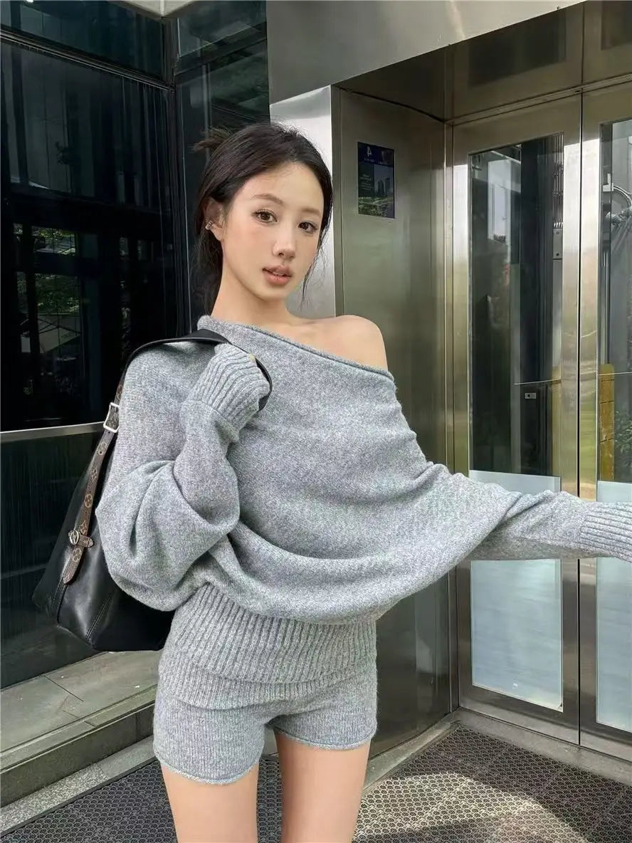 CITSLX Korejpaa Elegant Sweater Short Sets Women Autumn Winter Slanted Shoulder Knitted Sweaters High Waist Shorts Two Piece Set