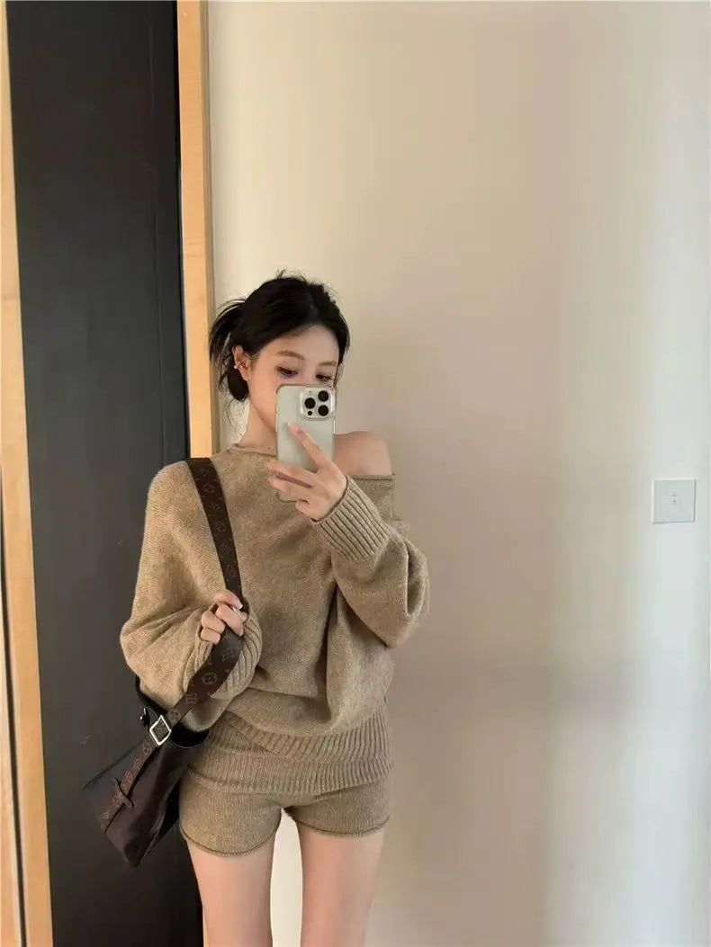 CITSLX Korejpaa Elegant Sweater Short Sets Women Autumn Winter Slanted Shoulder Knitted Sweaters High Waist Shorts Two Piece Set