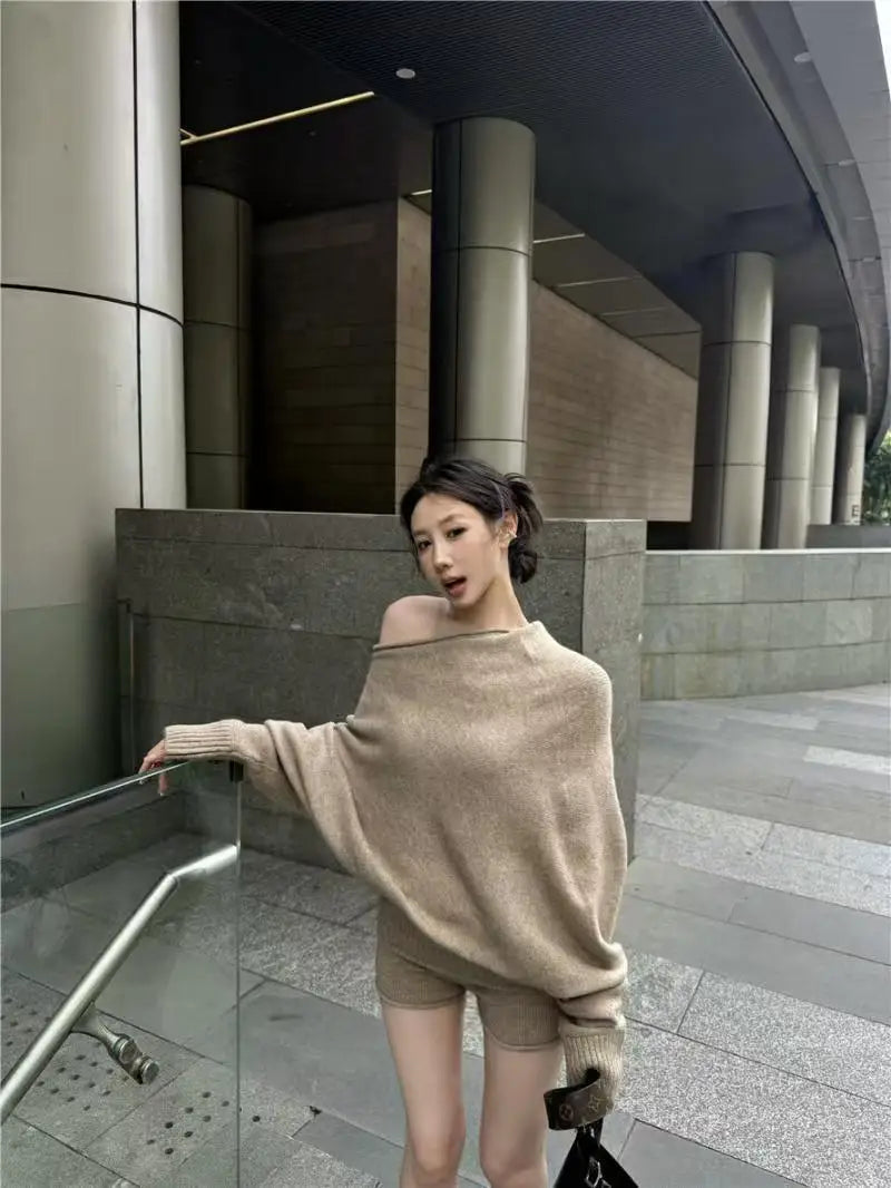 CITSLX Korejpaa Elegant Sweater Short Sets Women Autumn Winter Slanted Shoulder Knitted Sweaters High Waist Shorts Two Piece Set