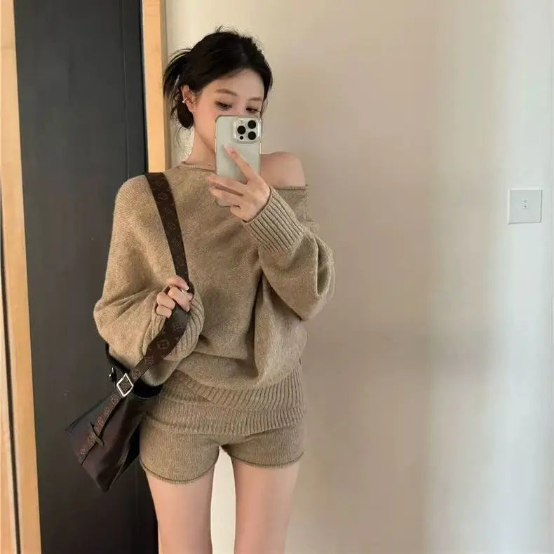 CITSLX Korejpaa Elegant Sweater Short Sets Women Autumn Winter Slanted Shoulder Knitted Sweaters High Waist Shorts Two Piece Set