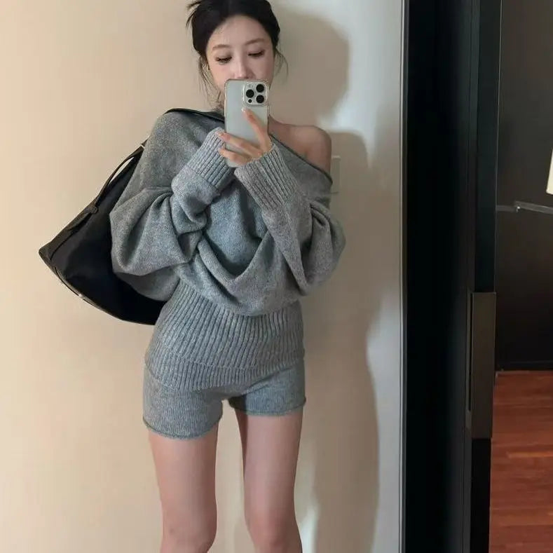 CITSLX Korejpaa Elegant Sweater Short Sets Women Autumn Winter Slanted Shoulder Knitted Sweaters High Waist Shorts Two Piece Set