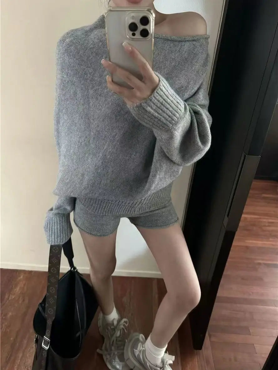 CITSLX Korejpaa Elegant Sweater Short Sets Women Autumn Winter Slanted Shoulder Knitted Sweaters High Waist Shorts Two Piece Set