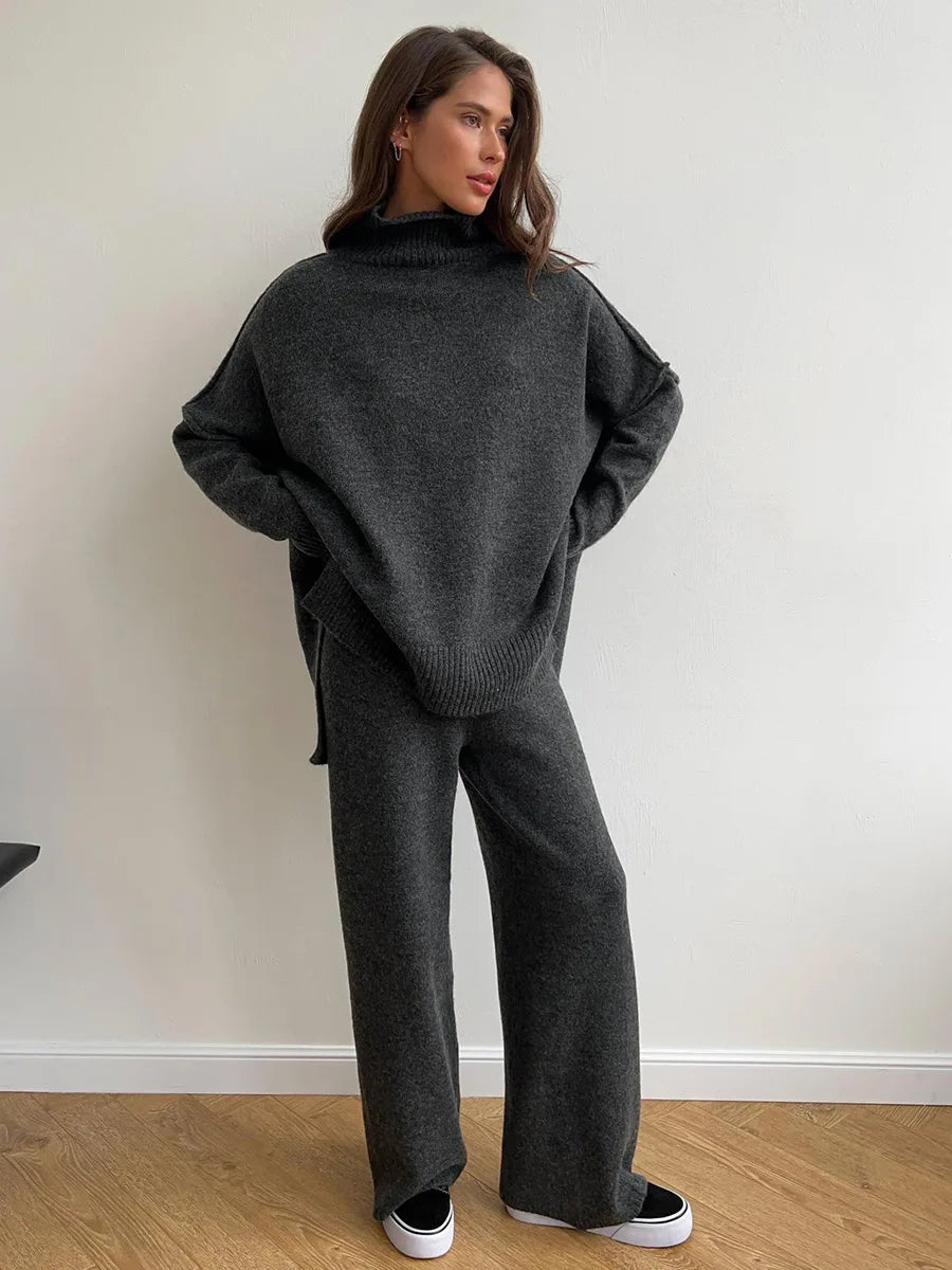 CITSLX LMY 2025 autumn winter turtleneck sweater set women's loose casual lazy thickened knitted trousers suit