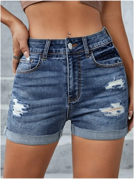 CITSLX LW High Waist Ripped Pocket Design Solid Skinny Stretchy Denim Shorts Women Casual Ripped Stretchy Cuffed Hem Hot Jean Pants