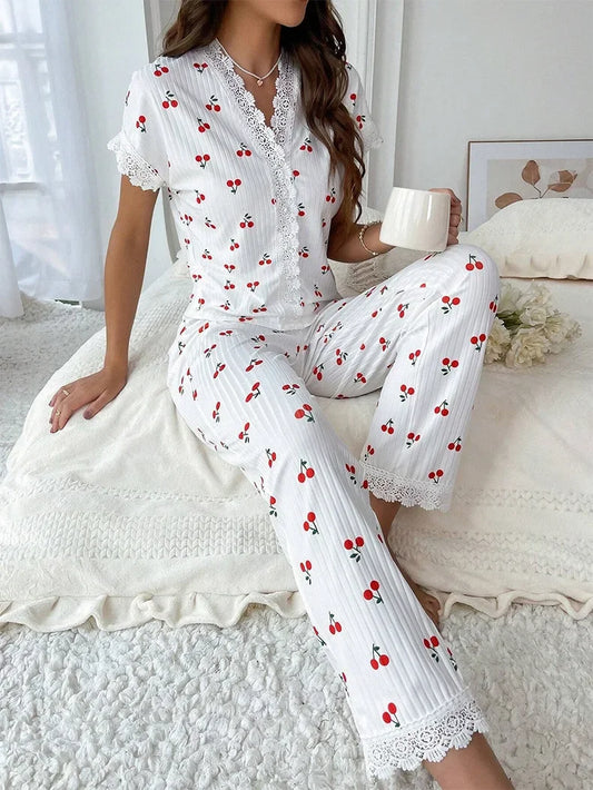 CITSLX Lace Trim Women Pajama Set Short Sleeve Front Button Top & Full-Length Pants Cherry Print 2 Pieces Sleepwear Nightwear Homewear