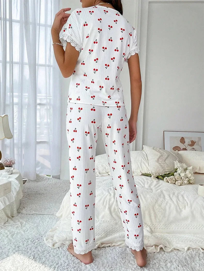 CITSLX Lace Trim Women Pajama Set Short Sleeve Front Button Top & Full-Length Pants Cherry Print 2 Pieces Sleepwear Nightwear Homewear