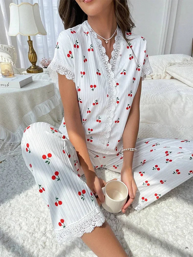 CITSLX Lace Trim Women Pajama Set Short Sleeve Front Button Top & Full-Length Pants Cherry Print 2 Pieces Sleepwear Nightwear Homewear