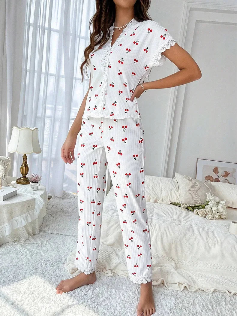 CITSLX Lace Trim Women Pajama Set Short Sleeve Front Button Top & Full-Length Pants Cherry Print 2 Pieces Sleepwear Nightwear Homewear