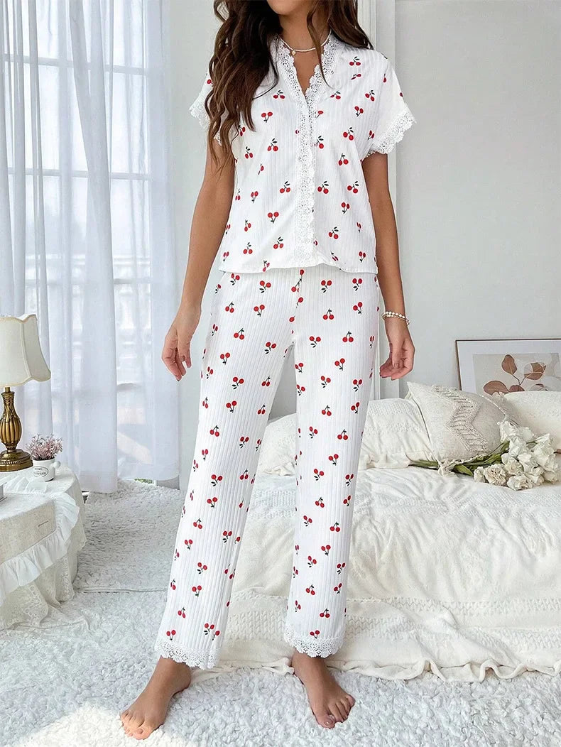 CITSLX Lace Trim Women Pajama Set Short Sleeve Front Button Top & Full-Length Pants Cherry Print 2 Pieces Sleepwear Nightwear Homewear