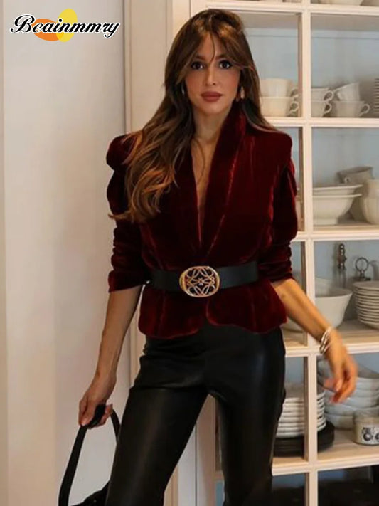 CITSLX Lady Elegant V-neck Long Sleeve Short Jackets Fashion Burgundy Velvet Shoulder Padded Coat Female Party High Streetwear Outwear