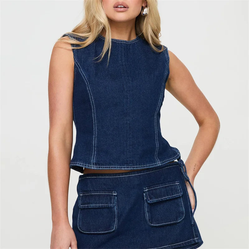 CITSLX Lamuusaa Denim Tops for Women y2k Clothes Solid Color Round Neck Sleeveless Backless Jeans Vest Fashion Waistcoat Streetwear