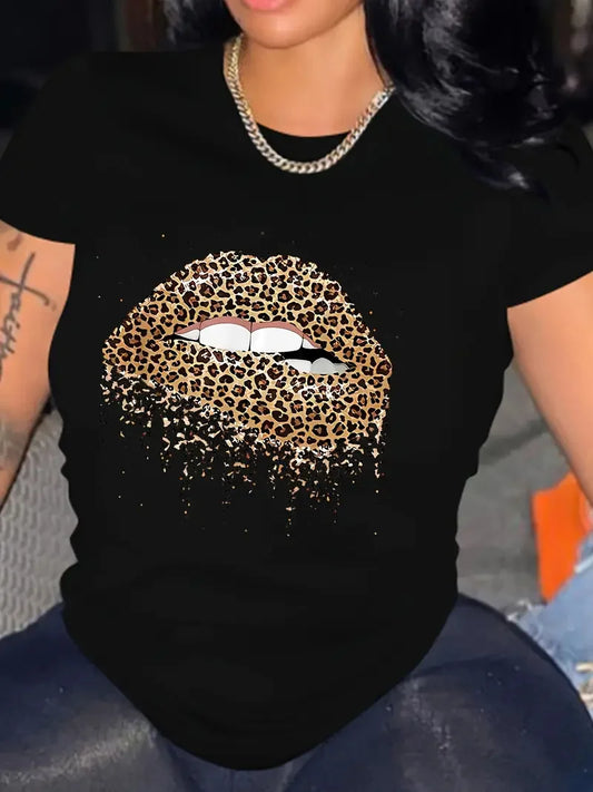 CITSLX Leopard Lips Graphic Tee Shirt, Valentine's Day Crew Neck Short Sleeve Casual Everyday Tops, Women's Clothing