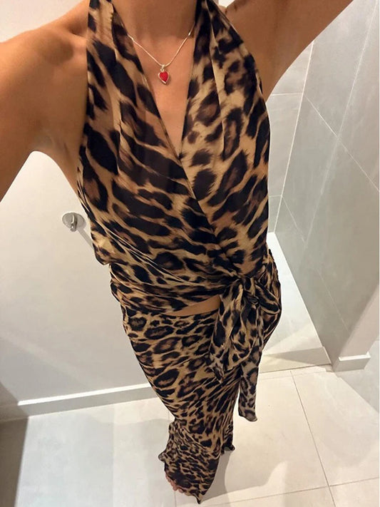 CITSLX Leopard Print Bodycon Women Y2K Maxi Dress Set Summer Halter Backless Wrap Crop Top Long Skirts Two Piece Matching Sets Outfits