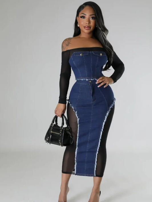 CITSLX Leosd Sexy Black Mesh Patchwork Blue Denim Long Skirt Sets Women Long Sleeve Slash Neck Crop Top 2 Pieces Sets Party Clubwear