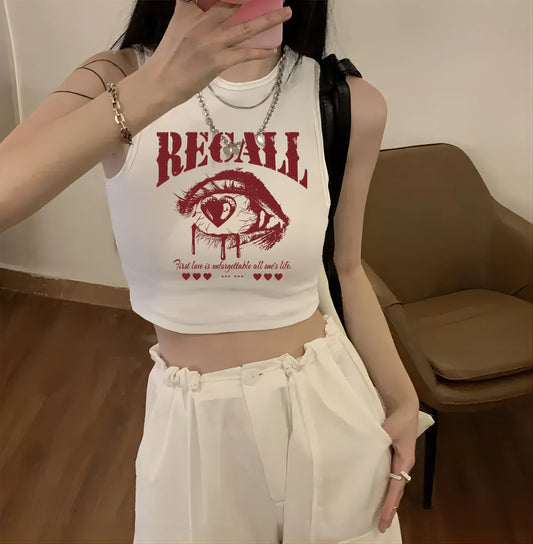 CITSLX Letters & Eyes Pattern Print Punk Sleeveless Design Summer Slimming Short Vest Hot Girl Style Fashionable Women's Top