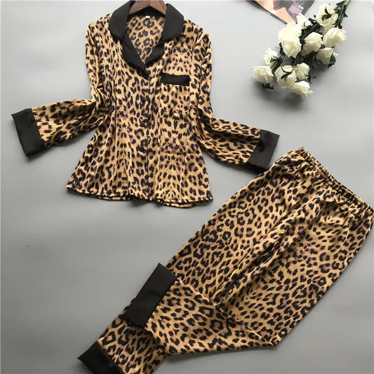 CITSLX Lisacmvpnel Spring New Long Sleeve Pajamas Woman Ice Silk Fashion Leopard Print Sexy Pajama Set