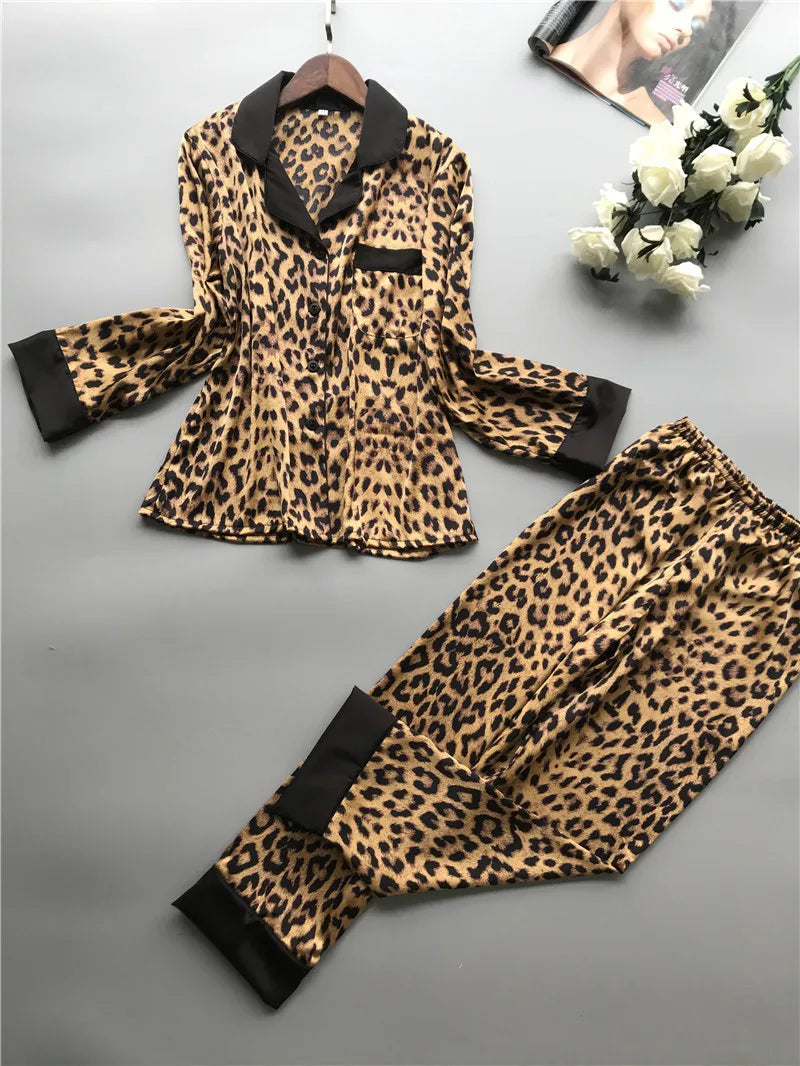 CITSLX Lisacmvpnel Spring New Long Sleeve Pajamas Woman Ice Silk Fashion Leopard Print Sexy Pajama Set