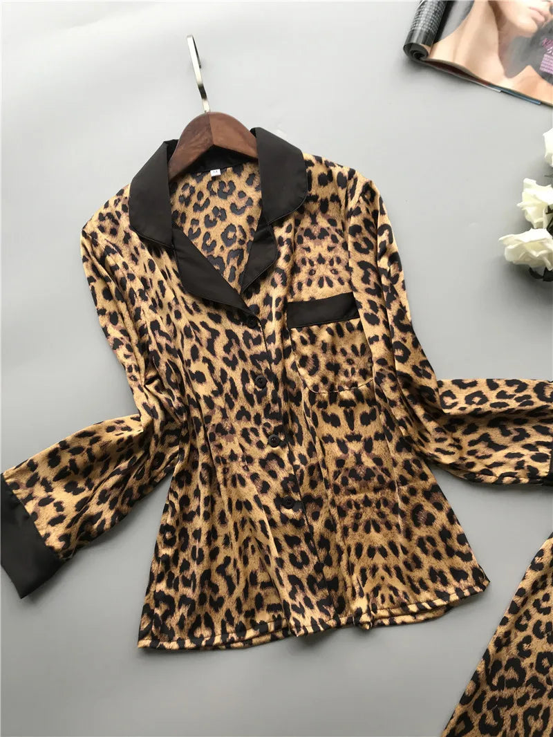 CITSLX Lisacmvpnel Spring New Long Sleeve Pajamas Woman Ice Silk Fashion Leopard Print Sexy Pajama Set