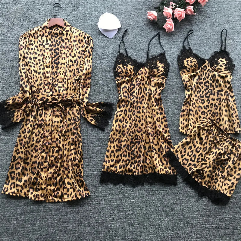 CITSLX Lisacmvpnel Spring New Long Sleeve Pajamas Woman Ice Silk Fashion Leopard Print Sexy Pajama Set