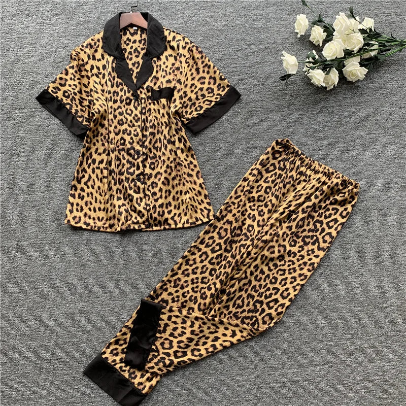 CITSLX Lisacmvpnel Spring New Long Sleeve Pajamas Woman Ice Silk Fashion Leopard Print Sexy Pajama Set