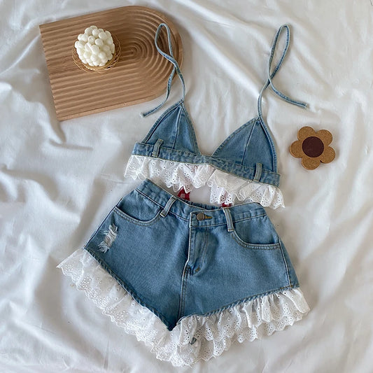 CITSLX Lolita Girls Blue Denim Lace Two Piece Set Y2K Women Bustier Camis Crop Top High Waist Shorts Outfits Sexy Femenino 2 Piece Set