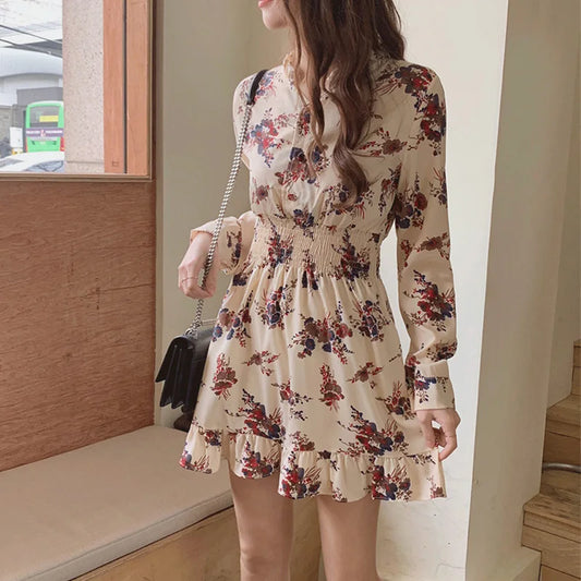 CITSLX Long Sleeve Elegant Floral Chiffon Dresses for Women Summer Autumn Korean Mini Dress Fashion Tunics Light vestido