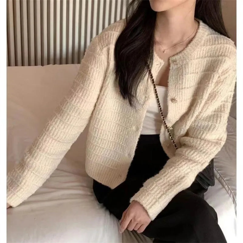 CITSLX Long Sleeved Sweater For Women Elegant Tweed Knitted Cardigan Loose Fit Casual Solid Color Outer Wear Spring Autumn All-Match