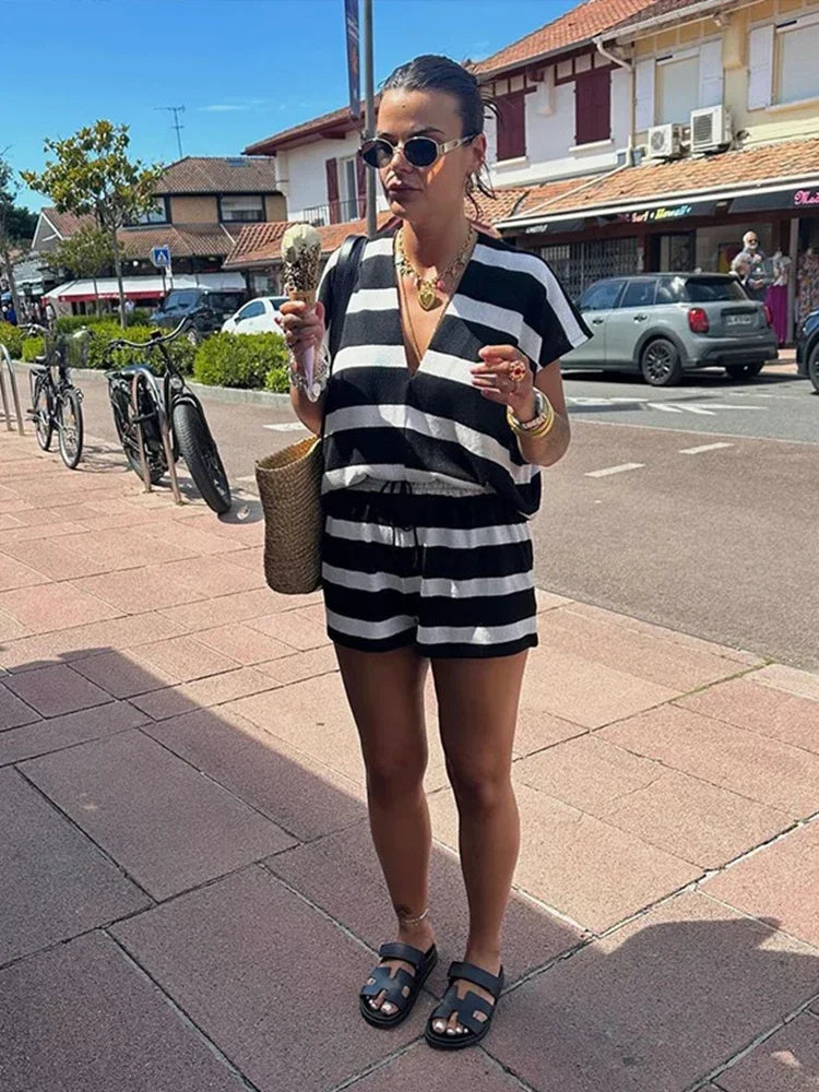 CITSLX Loose Striped Top Shorts Set Women Casual V-neck Blouse Lace Up High Waist Short Pants Female Suits 2024 Summer Ladies Outfits