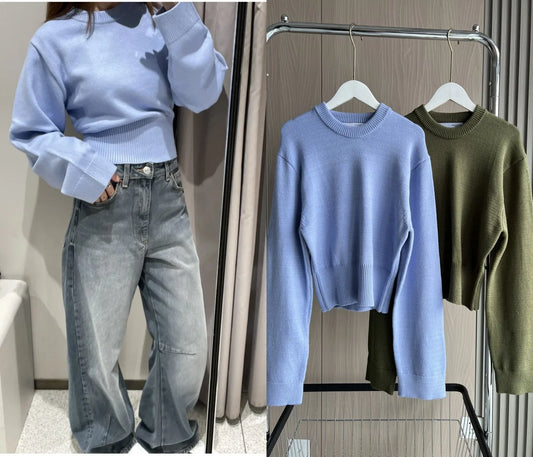 CITSLX Loose sleeve round neck knitted sweater Traf 2025 new product ladies ultra-wide ribbed hem long sleeve short cardigan