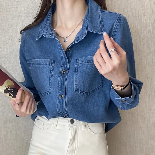 CITSLX Lucyever Blue Denim Shirt Women 2024 Autumn New Single-Breasted Jeans Blouses Female Pockets Loose Fashion Lapel Cowboy Blusas