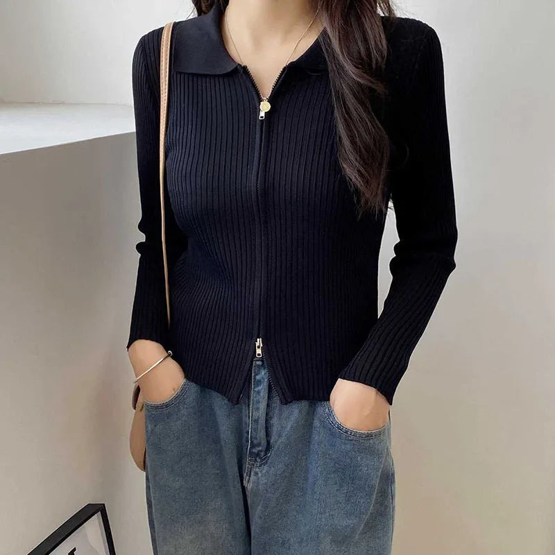 CITSLX Lucyever Zip-up Knitted Cardigan for Women Sexy Slim Elasticity Ribbed Crop Tops Female Autumn Winter Turndown Collar Knitwear