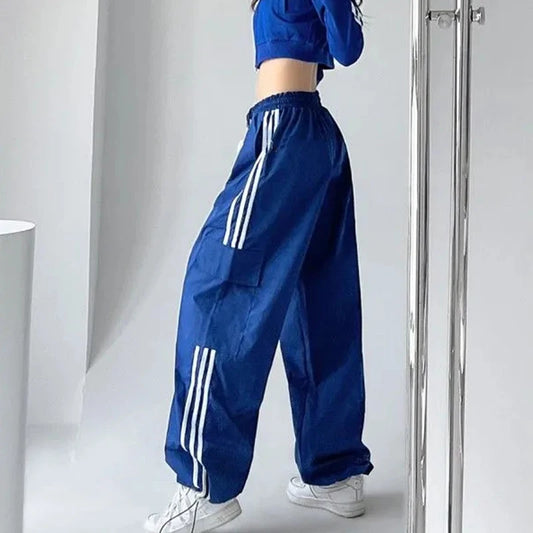 CITSLX MEXZT Striped Sweatpants Women Hip Hop Streetwear Baggy Wide Leg Cargo Pants Bf Y2K High Waist Drawstring Joggers Trousers