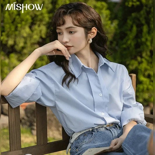 CITSLX MISHOW Women's Loose Shirt Spring Solid Polo-Neck Single Breasted Blouse Office Lady Long Sleeve Tops Clothing Female MXC13C0006