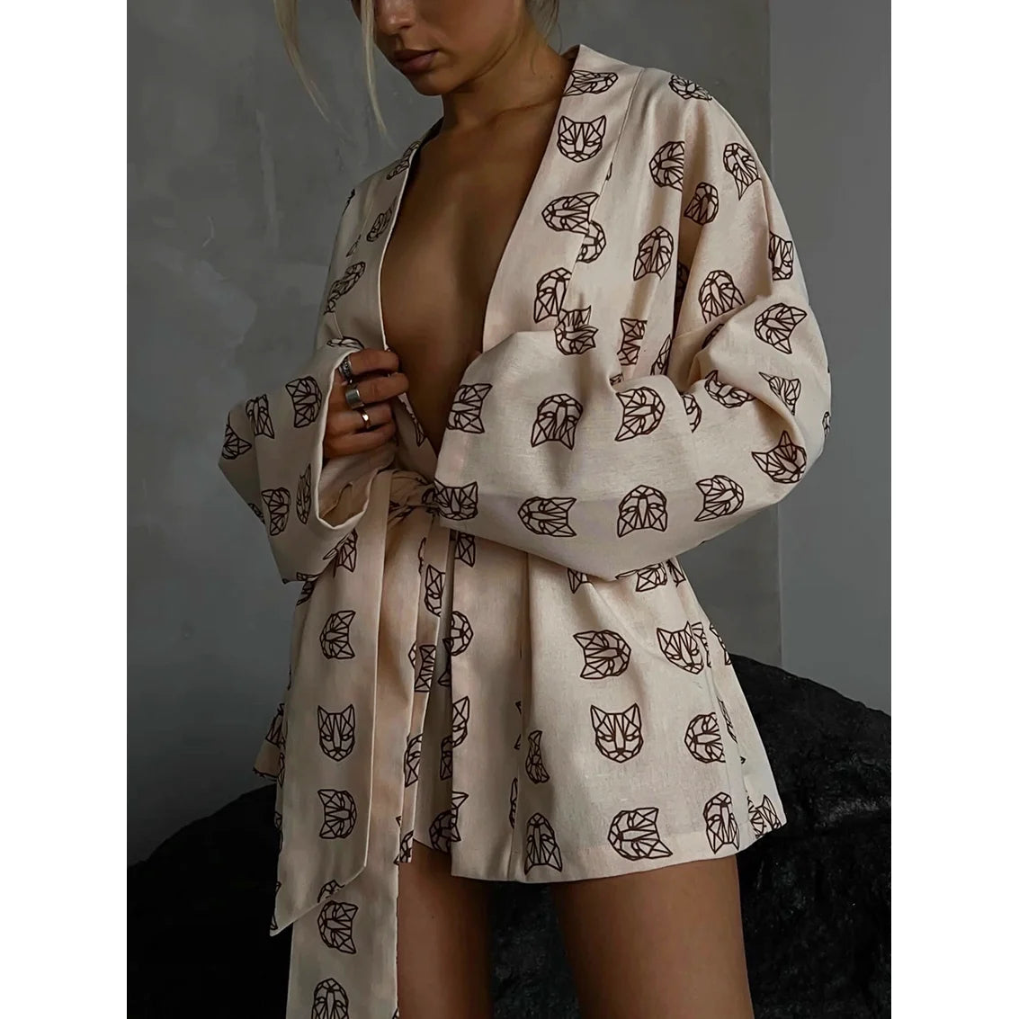 CITSLX Marthaqiqi Casual Print Women'S Pajamas 2024 Sexy Loose Pajamas For Women Lace-Up Long Sleeve Robes Shorts Set Female Sleepwear