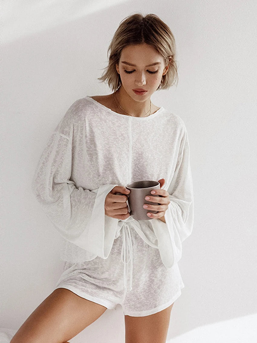 CITSLX Marthaqiqi Casual White Women'S Nightgowns Set O-Neck Sleepwear Long Sleeve Nightwear Shorts Loose Ladies Pajamas 2 Piece Suits