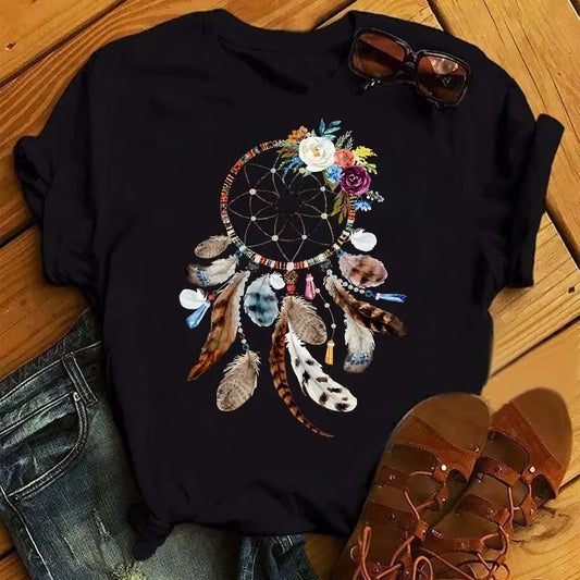 CITSLX Maycaur Women Summer Short Sleeve Dreamcatcher Feather Fashion Print Lady T-shirts Top T Shirt Ladies Womens Graphic Tee T-Shirt