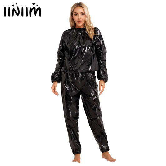 CITSLX Men Women PVC Sauna Suit Long Sleeve Elastic Cuff Top Pants Set Weight Loss Sweat Suit Slimming Fitness Gym Jogging Workout Suit