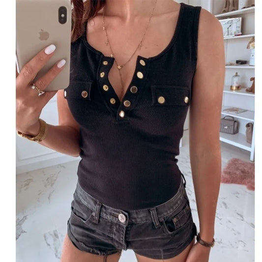 CITSLX Metal Button Slim Tank Top Women Sexy Round Neck Sleeveless T-Shirt Summer Every Day Solid Top