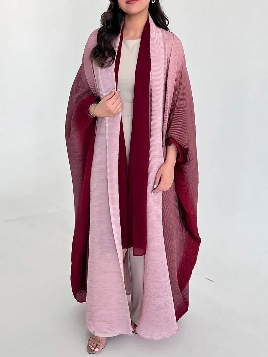 CITSLX Miyake Pleated Women Cardigan Wraps Elegant Loose Miyake Gradient Pleated Turn-down Collar Bat Windbreak With Belt 55"In Lace