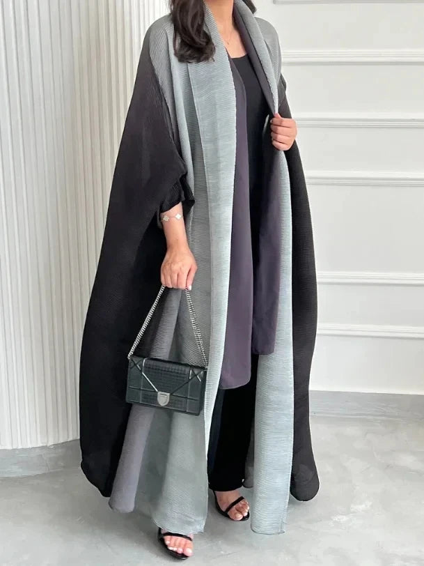 CITSLX Miyake Pleated Women Cardigan Wraps Elegant Loose Miyake Gradient Pleated Turn-down Collar Bat Windbreak With Belt 55"In Lace