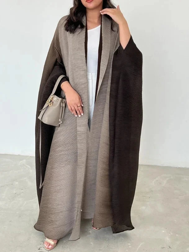 CITSLX Miyake Pleated Women Cardigan Wraps Elegant Loose Miyake Gradient Pleated Turn-down Collar Bat Windbreak With Belt 55"In Lace